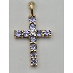 14k Yellow Gold Cross Pendant Diamond Center w 10 Amethyst